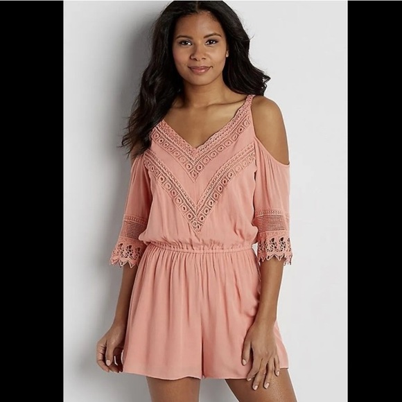 Maurices Women's Coral Crochet Cold Shoulder Lined Romper Small - Picture 1 of 8